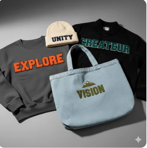 Free download 3D puff embroidery fonts displayed on cap hoodie t-shirt jacket and jeans