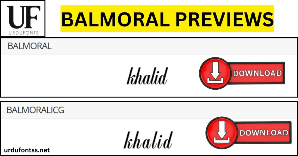 Balmoral Font preview showing different styles with a download button