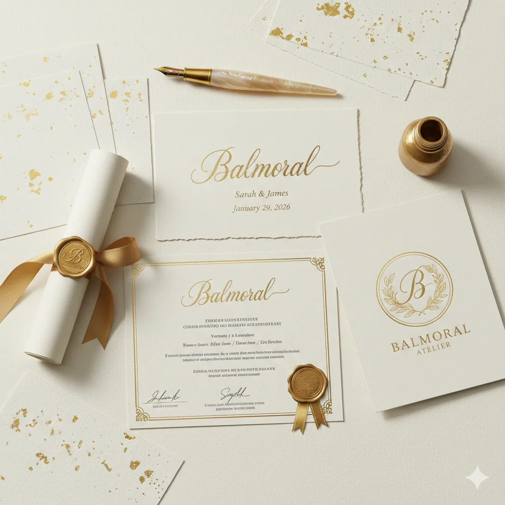 Wedding card with Balmoral Font headings and complete design preview