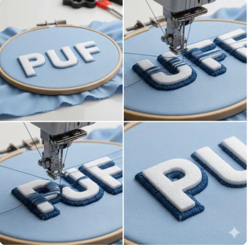 How 3D puff embroidery works using foam underlay and bold stitching to create raised 3D puff embroidery fonts