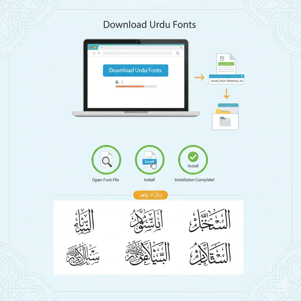 Different Urdu Islamic fonts styles including Jameel Noori Nastaleeq and Nafees Nastaleeq