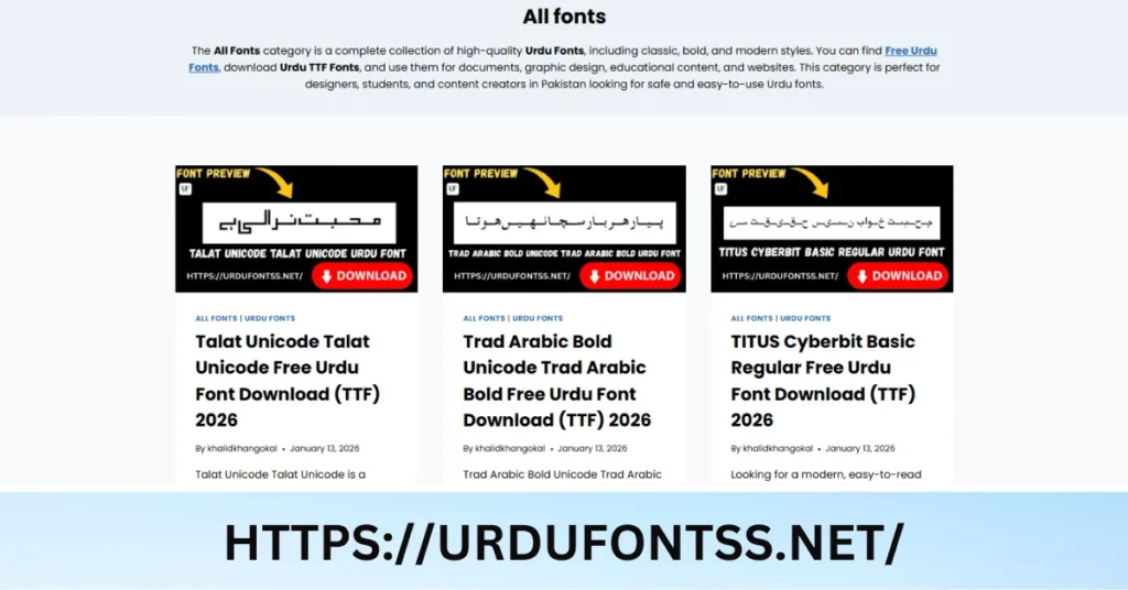 Font selection preview showing multiple fonts available for download on urdufontss.net