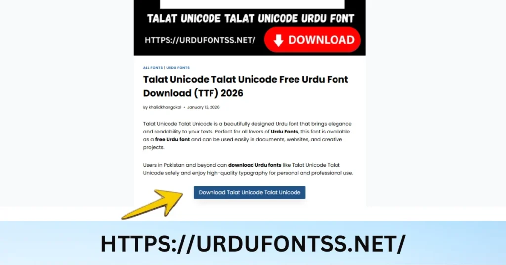 Font download button shown on a font article page on urdufontss.net