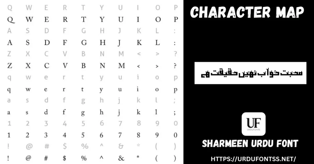 Sharmeen Sharmeen Urdu font character map displaying all letters and glyphs