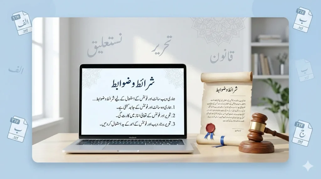 Modern laptop showing Urdu Terms and Conditions text next to a legal scroll, gavel, and floating TTF font icons on a soft blue professional background with Islamic geometric patterns.