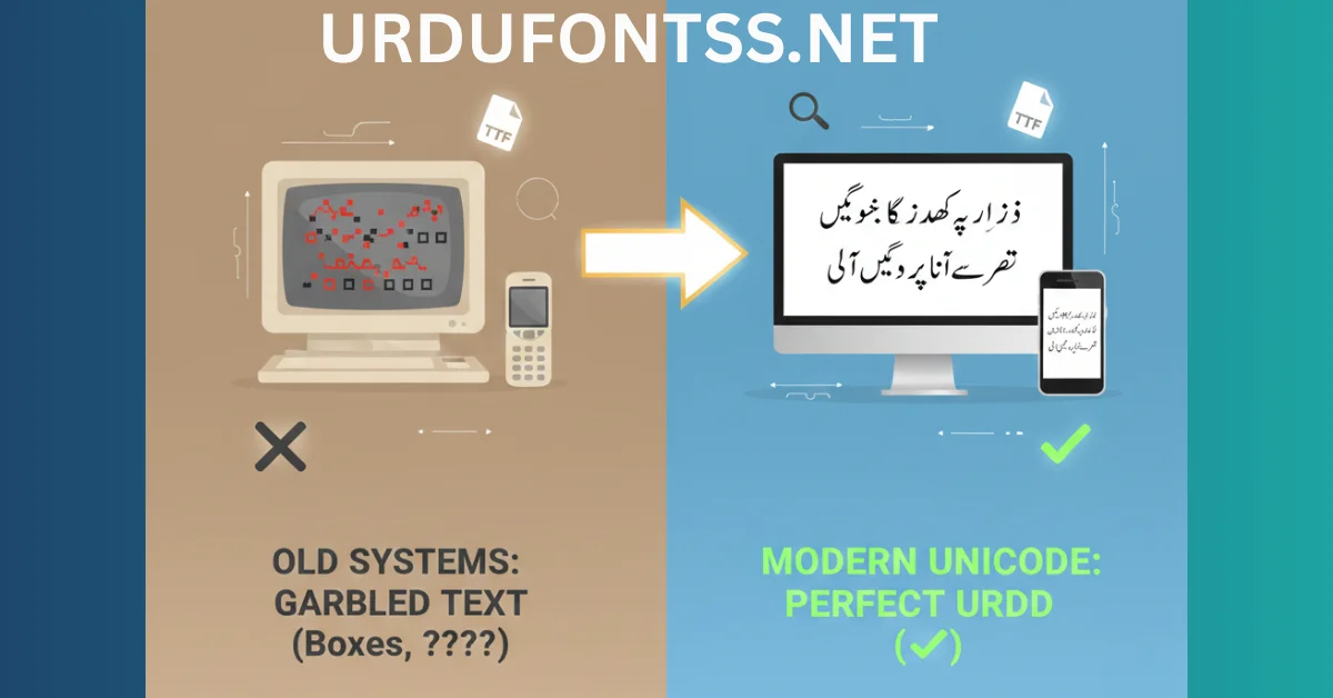 A professional 16:9 split-screen graphic showing the evolution of Urdu digital typography. The left side displays broken Urdu characters and boxes (garbled text) representing old systems, while the right side shows perfectly rendered Urdu Nastaleeq font on modern PC and mobile screens.