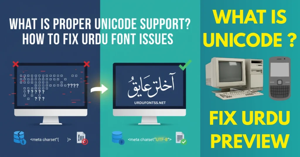 Proper Unicode Support guide showing broken and fixed Urdu font rendering