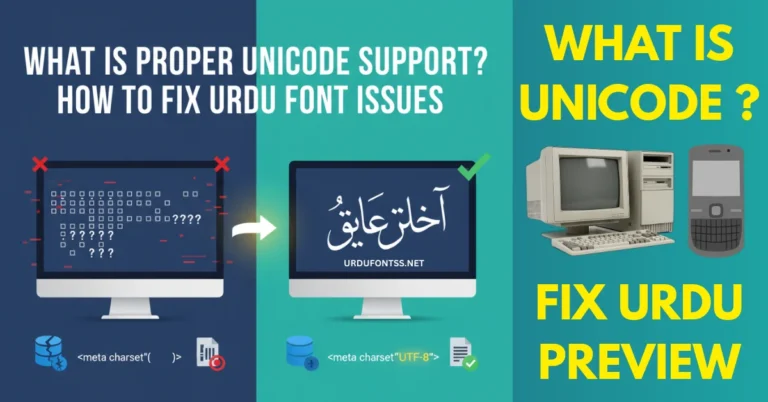 Proper Unicode Support guide showing broken and fixed Urdu font rendering
