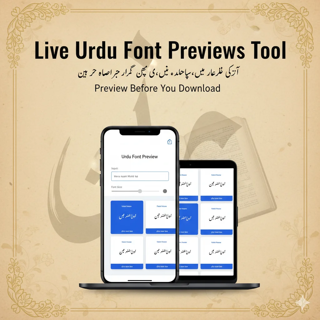 Live Urdu Font Previews Tool with Urdu tagline "اپنا متن پہلے دیکھیں، پھر ڈاؤن لوڈ کریں" (Preview Before You Download). Image shows smartphone screen displaying Urdu text "میرا نام خالد ہے" in multiple font preview cards on warm parchment background with traditional Urdu calligraphy elements.Live Urdu Font Previews