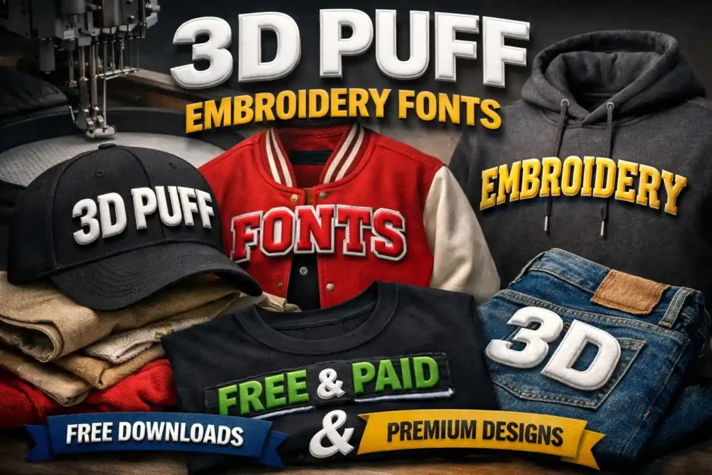 Download 3D puff embroidery fonts shown on cap hoodie t shirt jacket and jeans with bold raised embroidery lettering