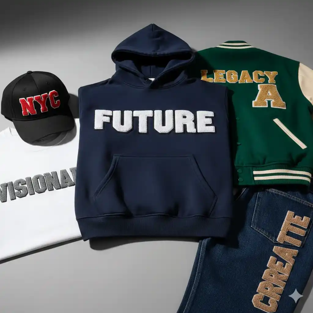 3D Puff Embroidery Fonts on cap, hoodie, jacket, t-shirt and jeans with bold raised embroidery lettering