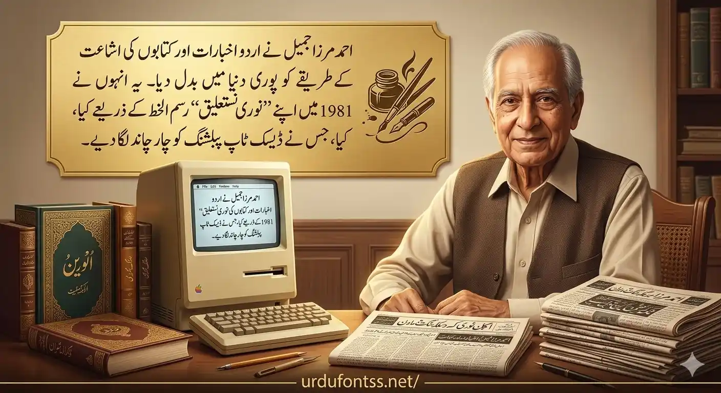 A digital portrait of Ahmad Mirza Jamil sitting in a study with a vintage 1981 Macintosh computer, stacks of Urdu newspapers, and classical books. The image features a gold plaque with Urdu text and the website watermark urdufontss.net.