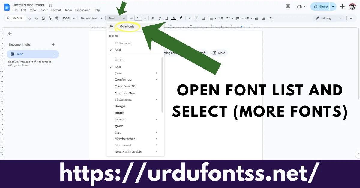Google Docs font menu showing fonts list and More Fonts option to add Urdu fonts by UrduFontss.net