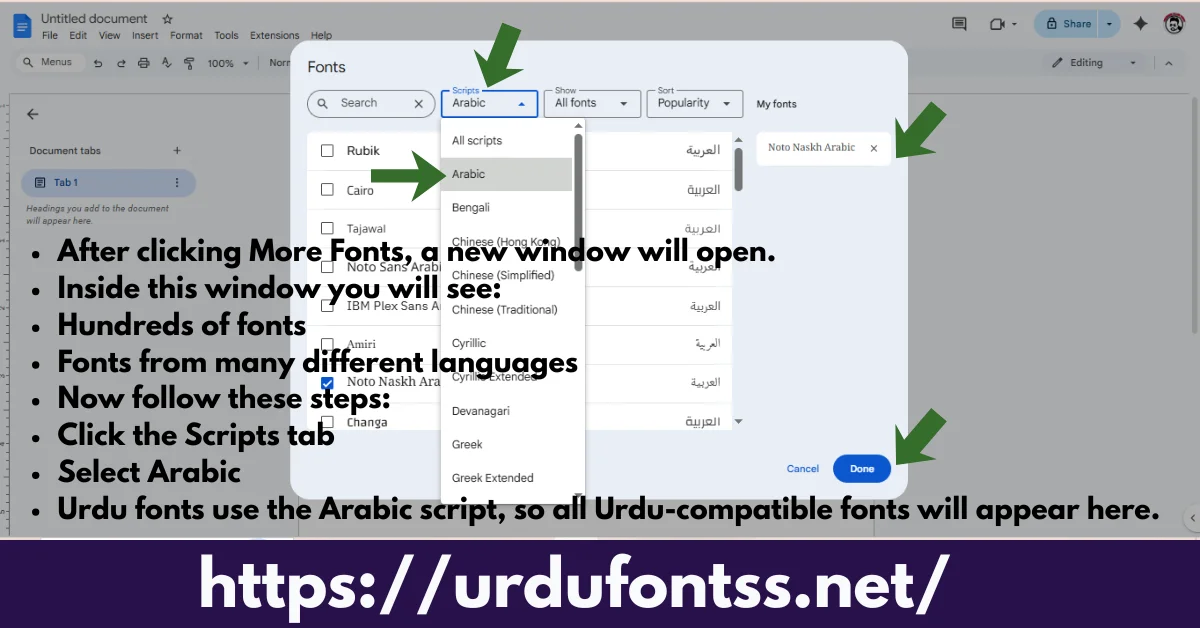Google Docs More Fonts window showing Arabic script filter and font selection options by UrduFontss.net