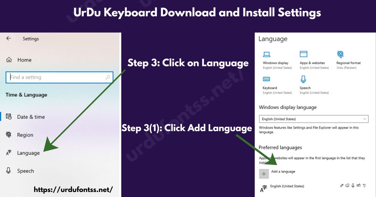 Adding Urdu language from Windows language list to download and install urdu keyboard on PC