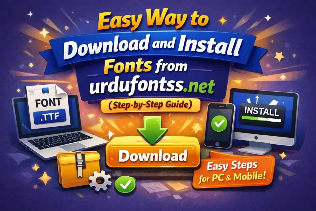 Easy step-by-step guide showing how to download and install fonts from urdufontss.net on PC and mobile