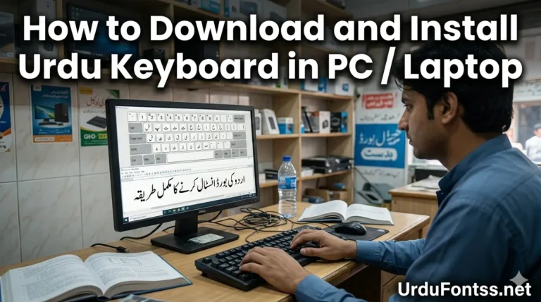 Person typing on computer showing Urdu keyboard layout on screen explaining how to download and install urdu keyboard in PC or laptop