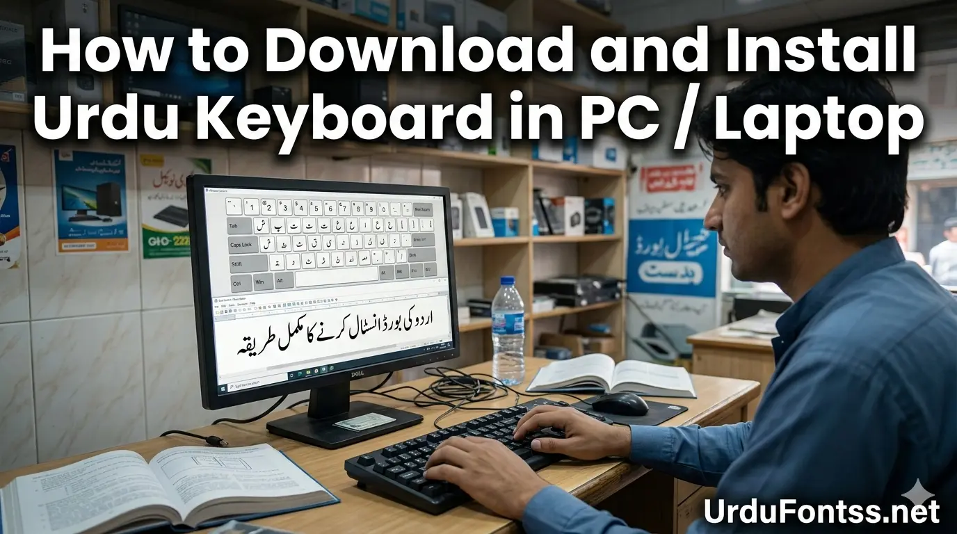 Person typing on computer showing Urdu keyboard layout on screen explaining how to download and install urdu keyboard in PC or laptop