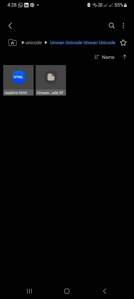 Extract ZIP file showing TTF font file and readme.html file after extraction in ZArchiver for Urdu font installation in Kinemaster