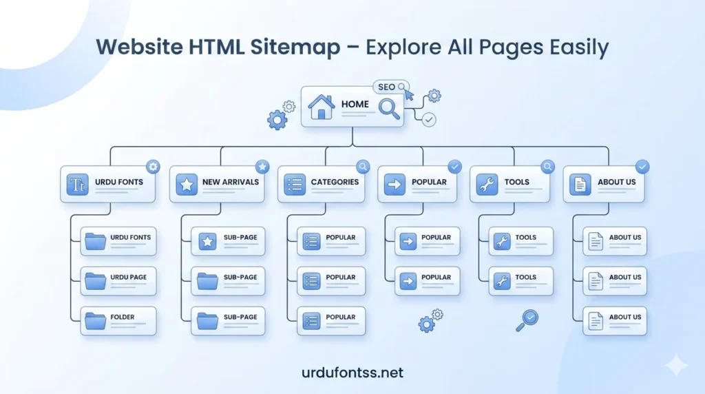 HTML Sitemap of UrduFontss.net showing all website pages