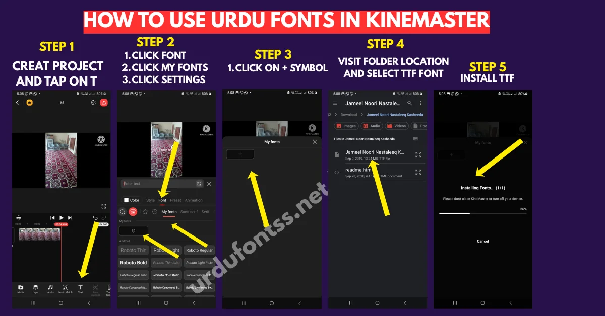 Kinemaster app add font option highlighted with cursor showing where to click to add custom Urdu TTF font - how to use urdu fonts in kinemaster