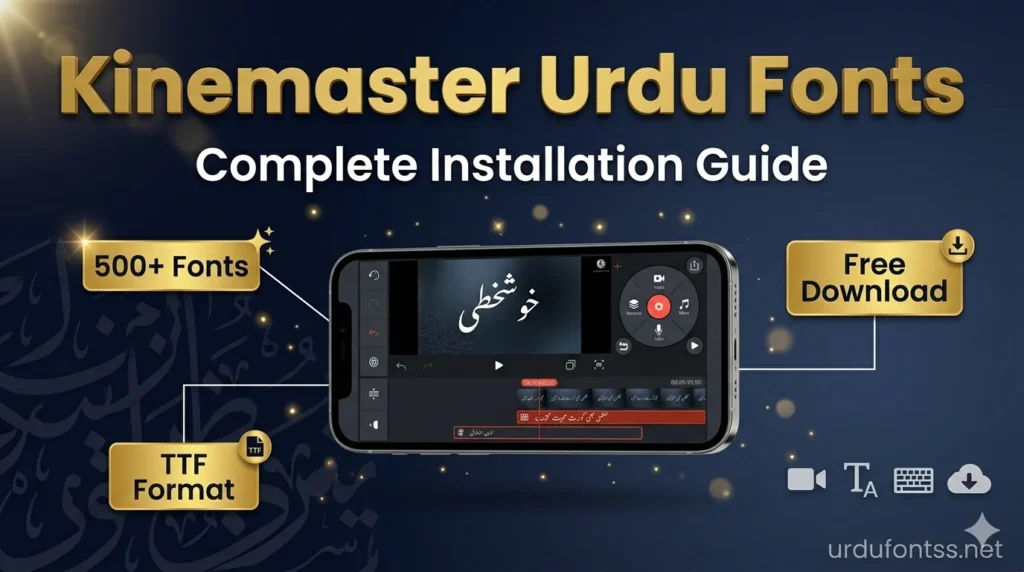 How to Use Urdu Fonts in Kinemaster – Complete installation guide showing smartphone with Kinemaster app and Urdu text preview