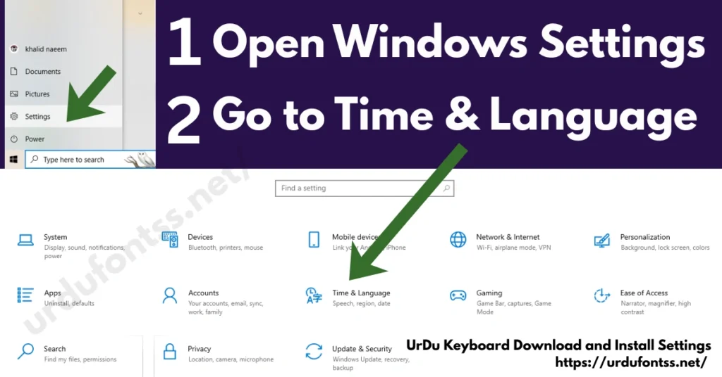 Step 1 open Windows Settings and Step 2 go to Time and Language to download and install urdu keyboard in Windows PC