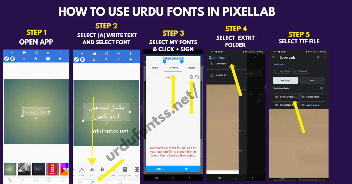 How to upload custom Urdu font in Pixellab app – Step by step guide showing font upload option in Pixellab settings