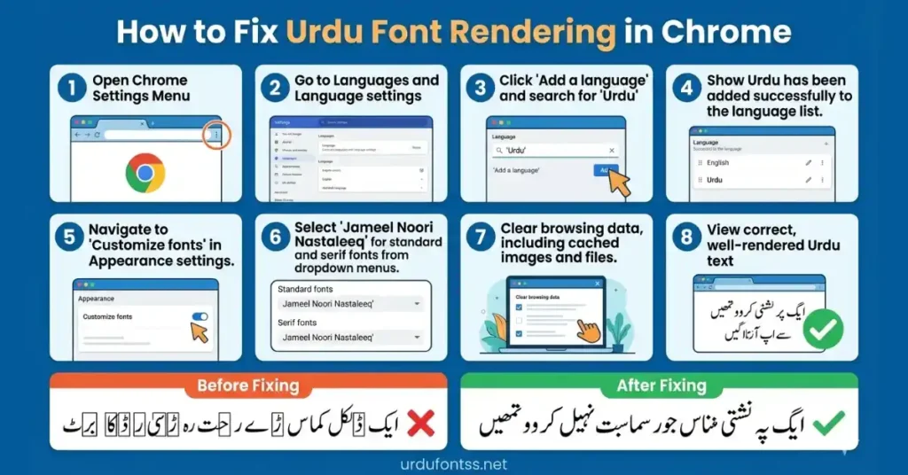 Complete step by step infographic to fix Urdu font rendering issues in Google Chrome - 8 steps from settings to correct rendering