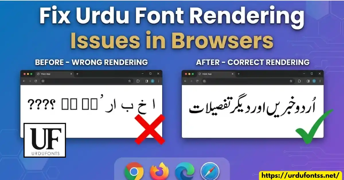 Before and after comparison showing Urdu font rendering issues - boxes and question marks on left, correct rendering on right