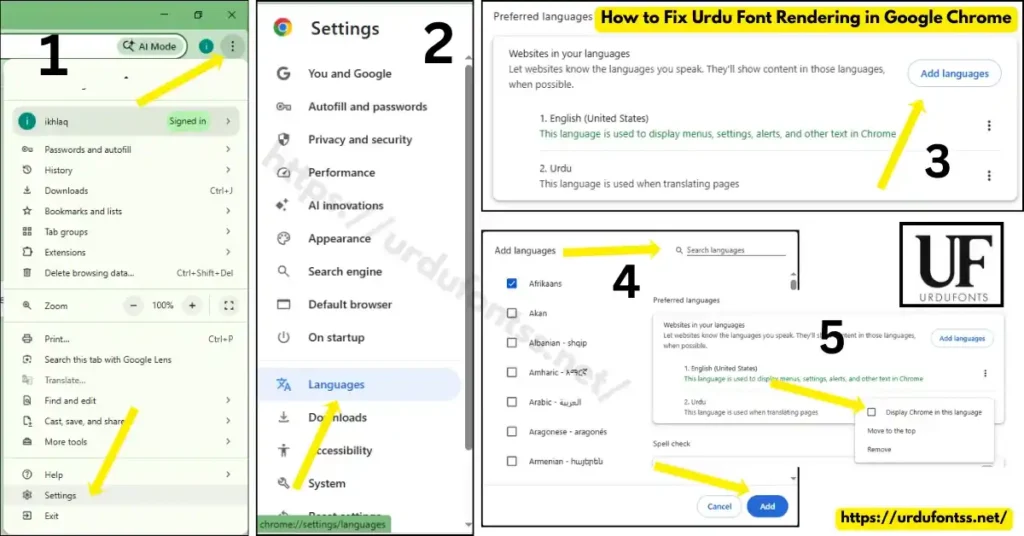 Complete step by step screenshots showing how to fix Urdu font rendering issues in Google Chrome by urdufontss.net