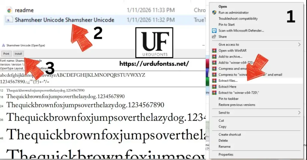 Step by step font installation guide showing ZIP extraction, TTF file, install button, and font preview in MS Word