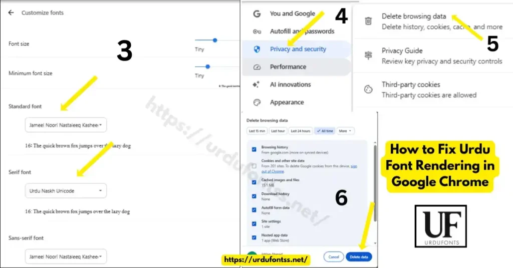 Fix Urdu font rendering in Chrome - Change Font Settings to Jameel Noori Nastaleeq and Urdu Naskh Unicode, then Clear Browser Cache by urdufontss.net
