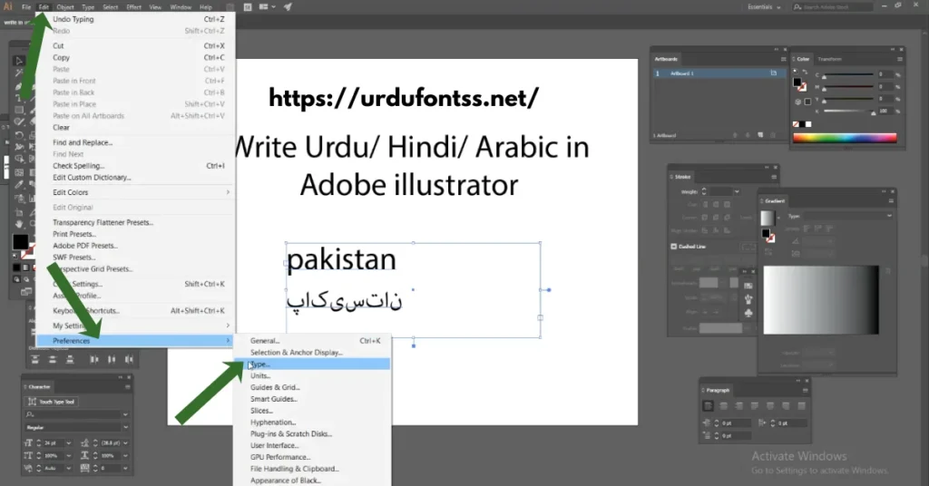 Adobe Illustrator preferences window showing Type settings with Show Asian Text Options checked and Middle Eastern Features selected