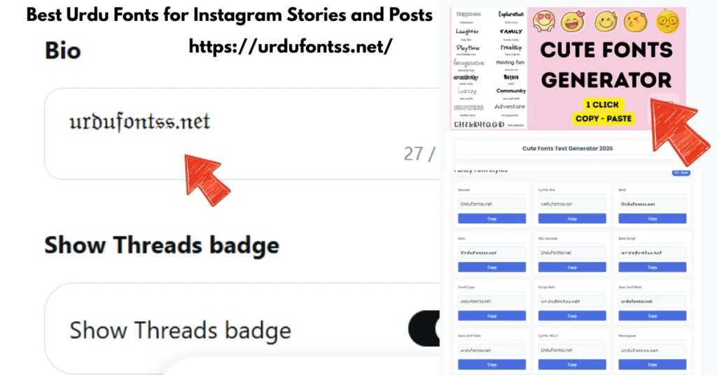 Instagram bio showing stylish Urdu name created with cute font generator from UrduFontss.Net