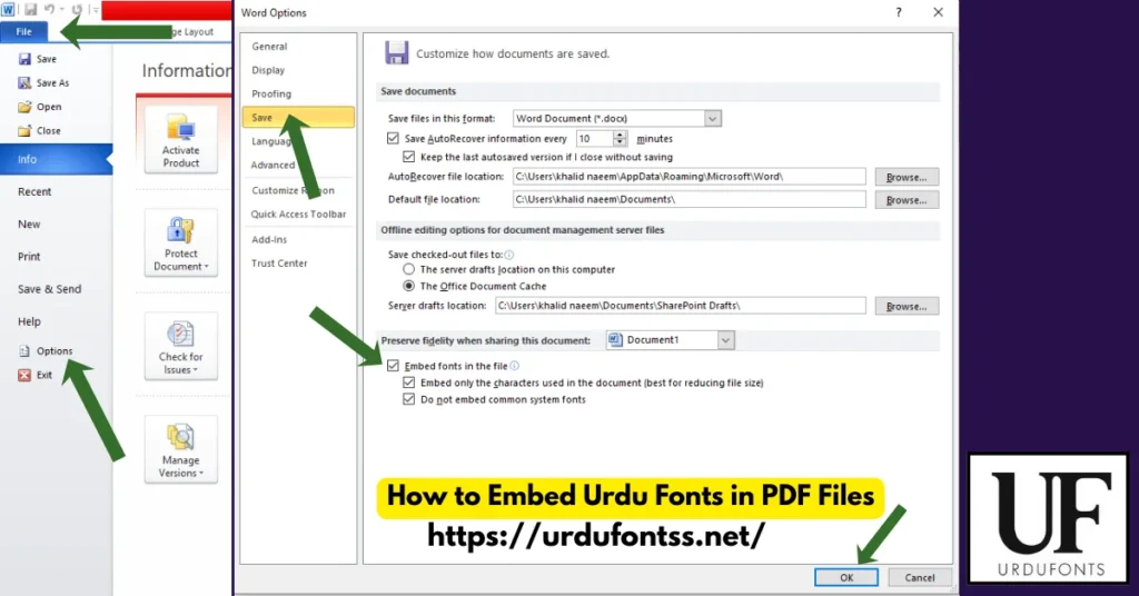 MS Word font embedding step 1 showing File menu, Options, and Save tab where embed fonts option is located