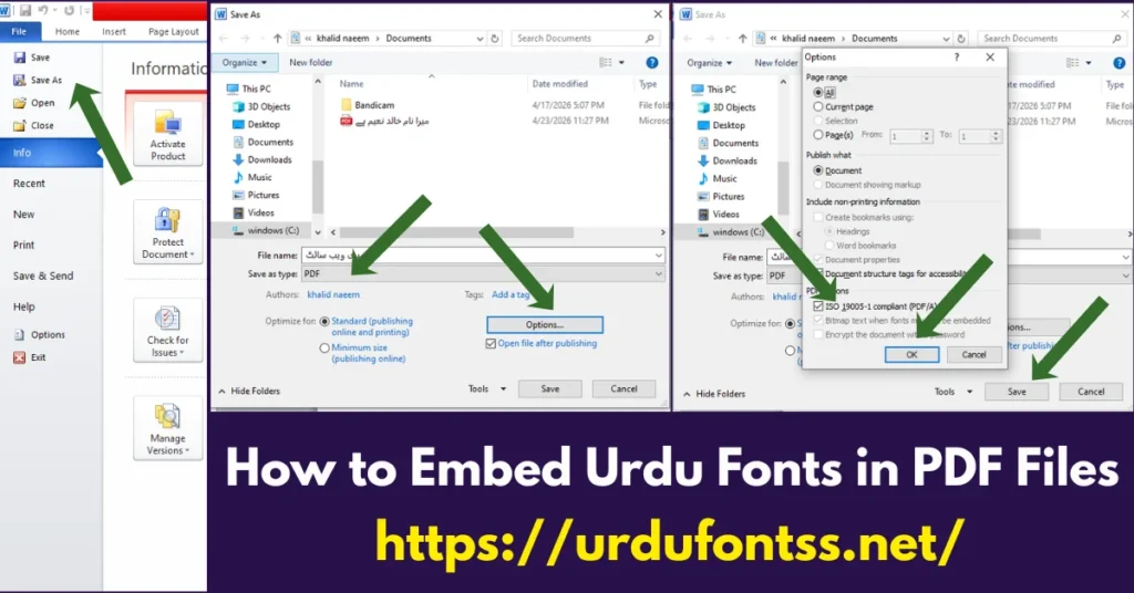 MS Word font embedding step 2 showing Embed fonts in the file option checked and subset embedding options selected