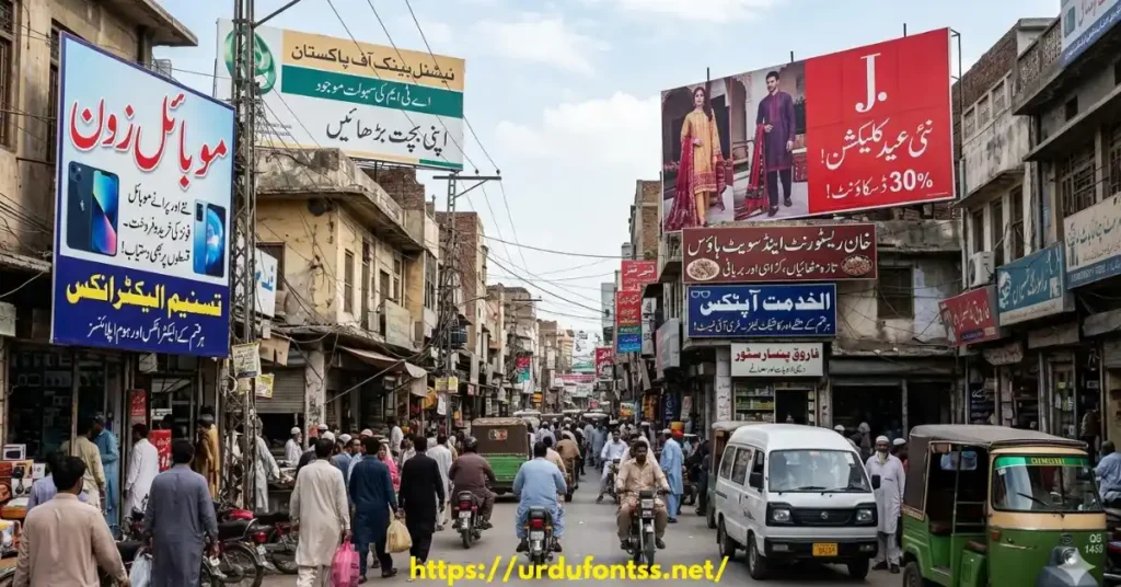 A busy street market in Pakistan featuring various colorful shop billboards and signboards with clear Urdu calligraphy and typography. showing urdu font- by urdufontss.net