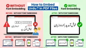 Comparison showing PDF without font embedding displays Urdu text as boxes and question marks on other devices vs with font embedding showing correct Urdu text