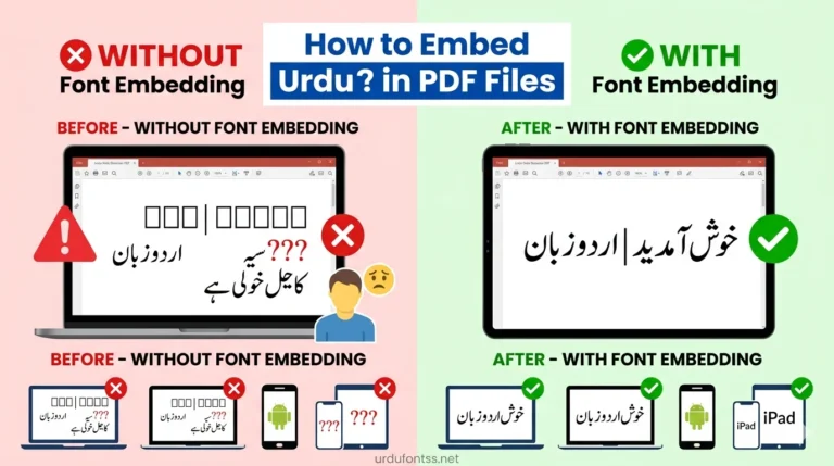 Comparison showing PDF without font embedding displays Urdu text as boxes and question marks on other devices vs with font embedding showing correct Urdu text