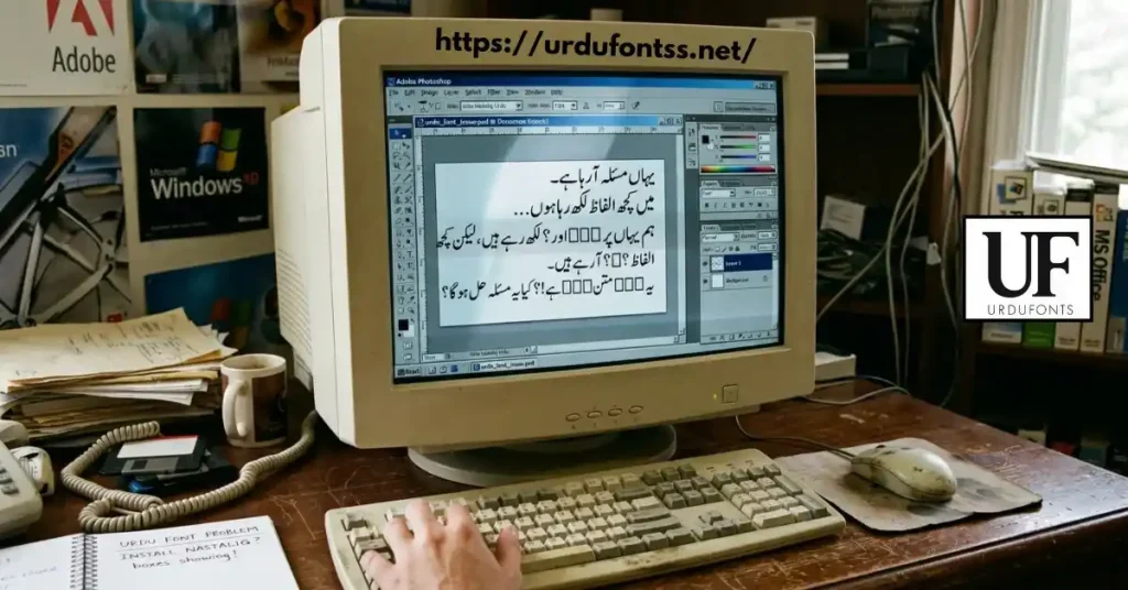 Adobe Photoshop on old monitor showing Urdu text with boxes and question marks due to font issue