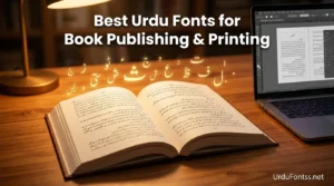 Best Urdu Fonts for Book Publishing and Printing featured image showing open Urdu book with Nastaleeq typography on wooden desk