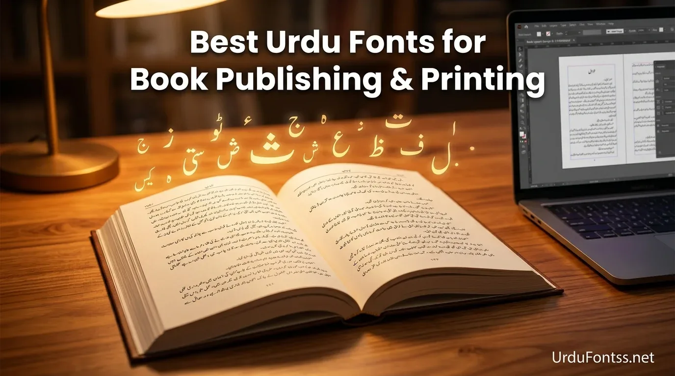 Best Urdu Fonts for Book Publishing and Printing featured image showing open Urdu book with Nastaleeq typography on wooden desk