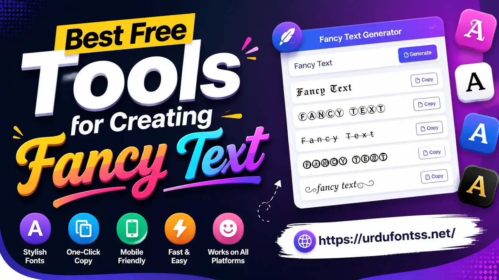 Best Free Tools for Creating Fancy Text thumbnail showing stylish text generator with Unicode fonts and social media icons.